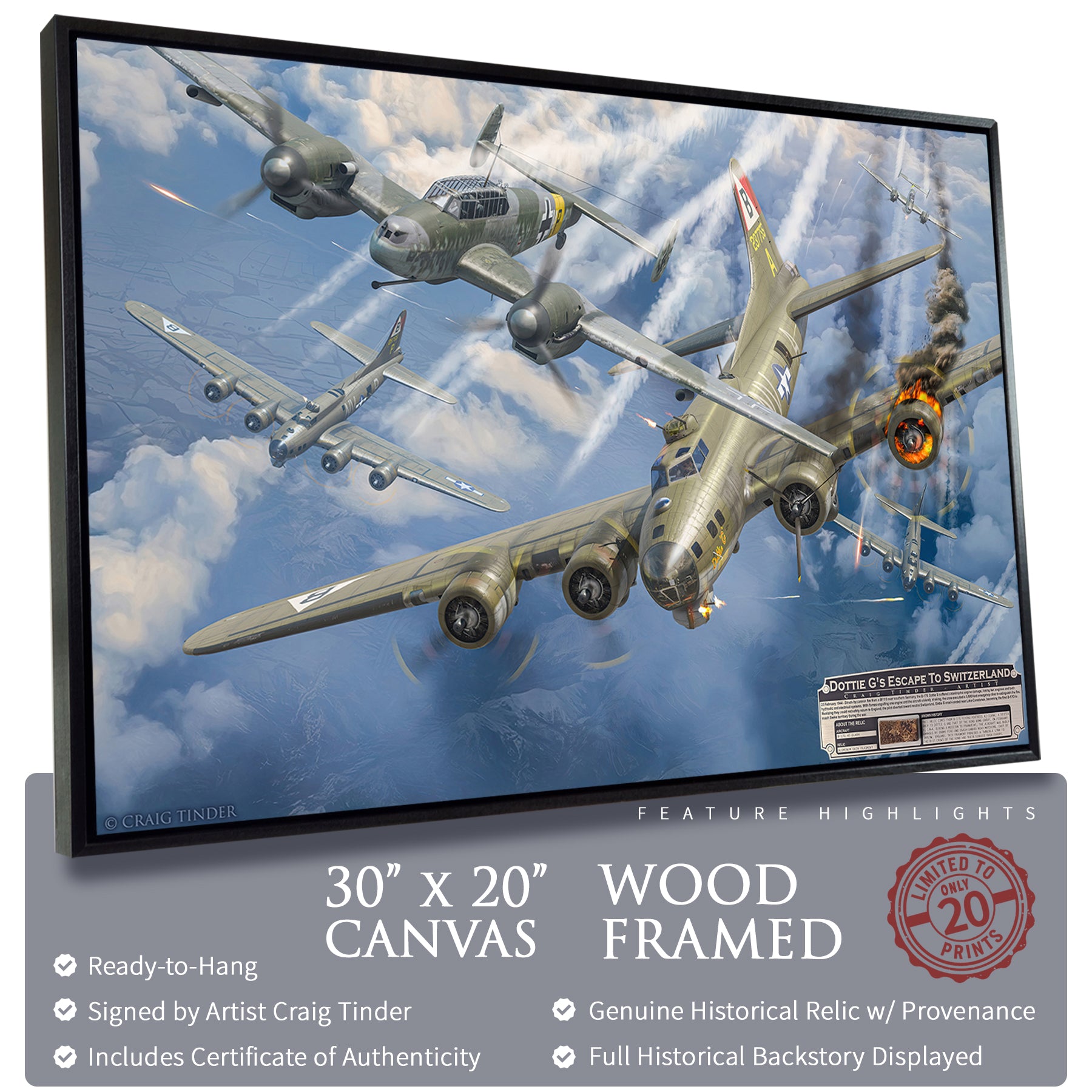 B-17 Flying Fortress - Dottie G's Escape to Switzerland Canvas | INCLUDES: 92nd BG B-17 Relic