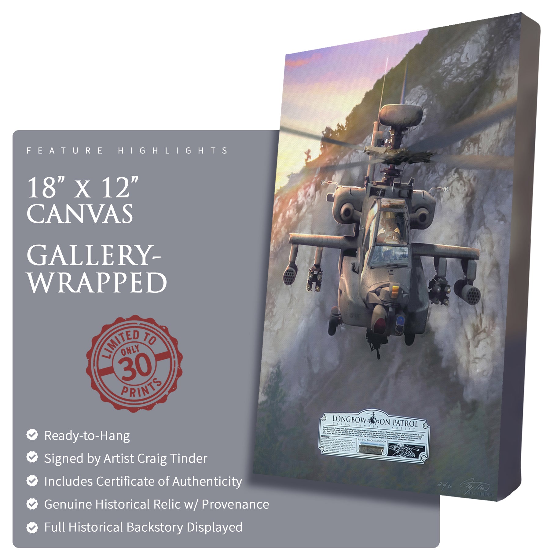 Canvas wrap with helicopter artwork and product details on a gray background