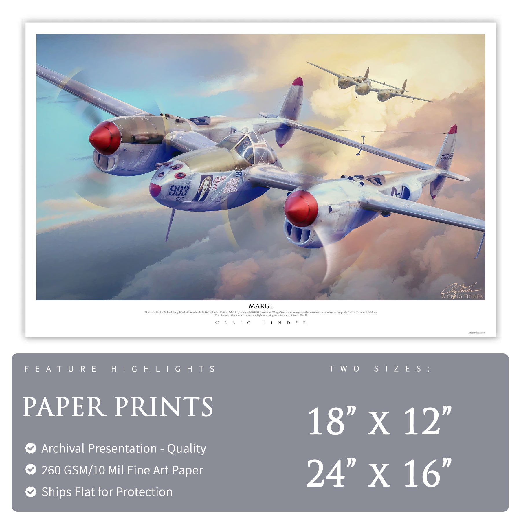 P-38 Lightning - Richard Bong "Marge" Canvas | INCLUDES: Internal Aluminum Fragment