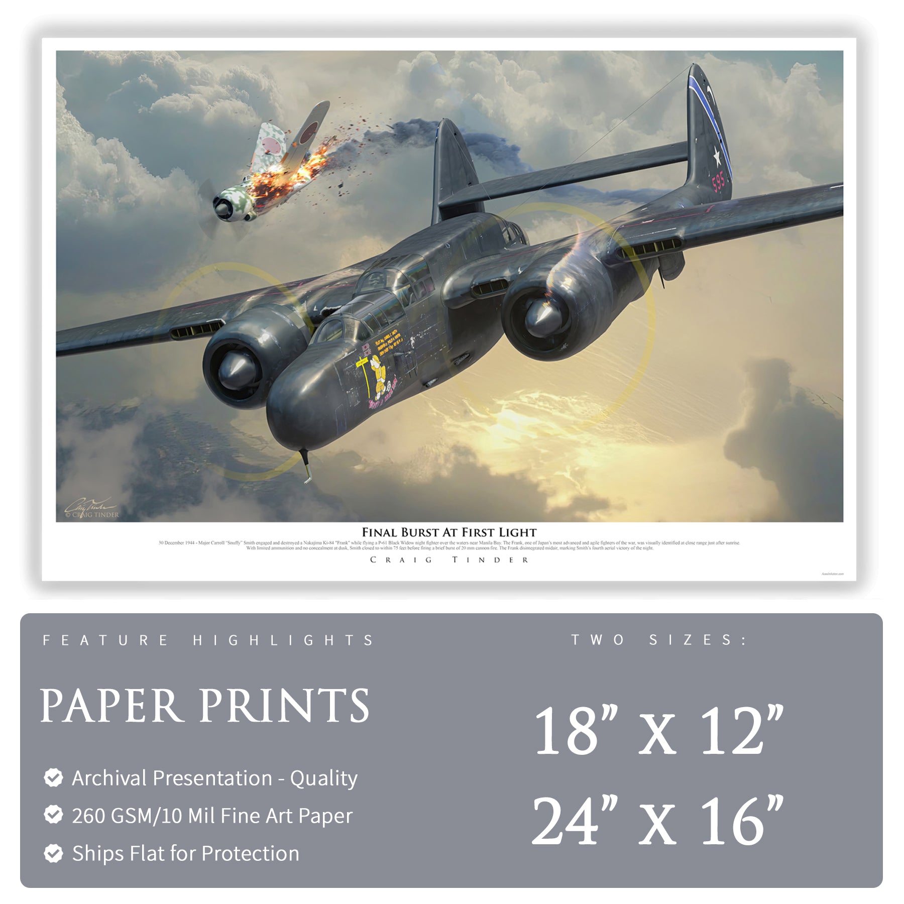 P-61 Black Widow - Final Burst At First Light Canvas | INCLUDES: P-61B Aluminum Relic