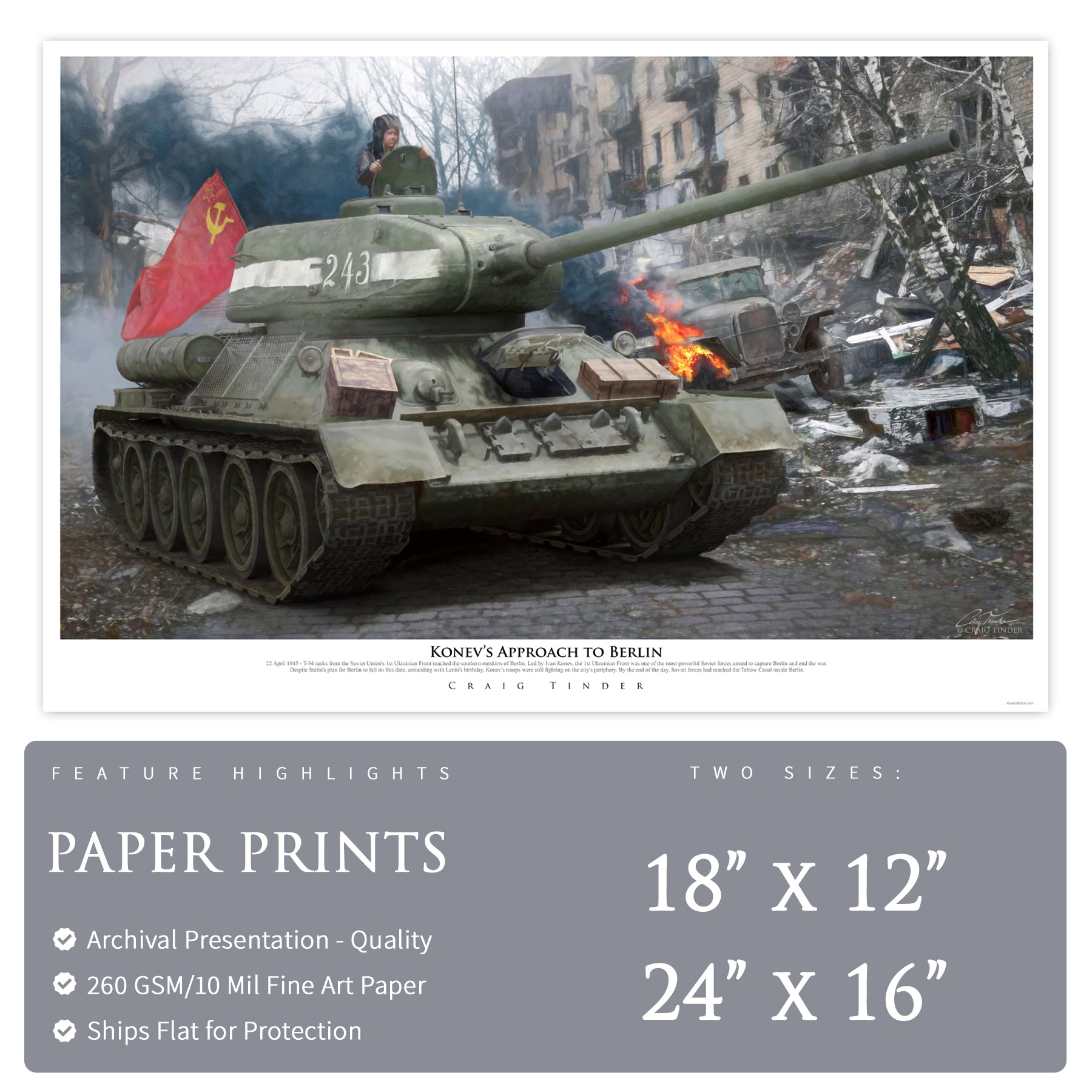 T-34 Soviet Tank - Konev's Approach to Berlin Canvas | INCLUDES: Brass Shell Casing