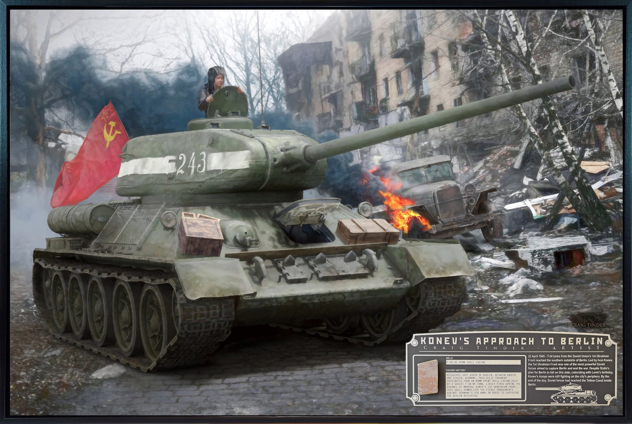 T-34 Soviet Tank - Konev's Approach to Berlin Canvas | INCLUDES: Brass Shell Casing