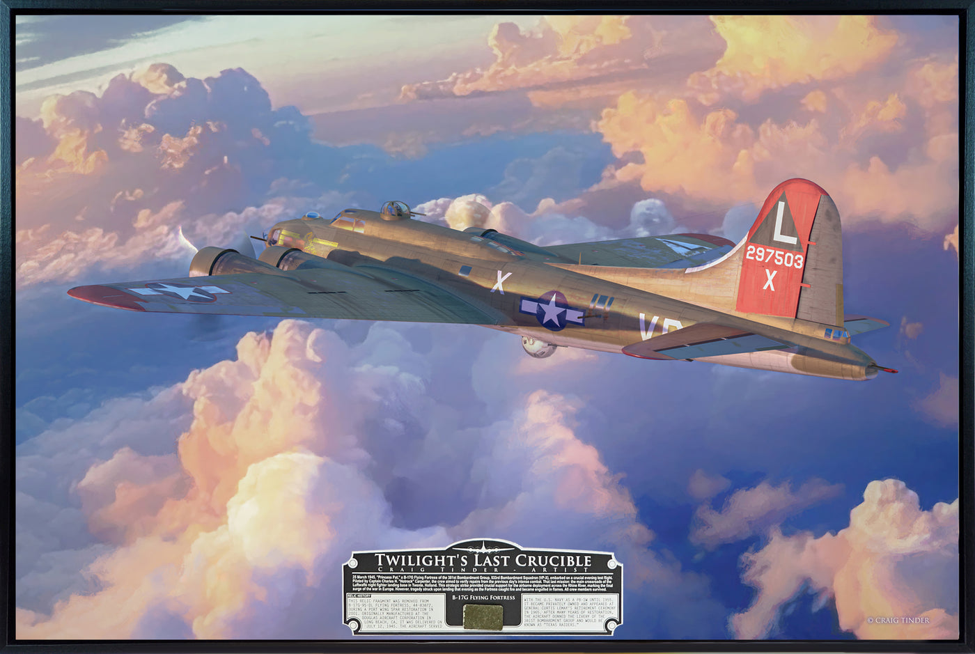 Art print "Twilight's Last Crucible" by Artist Craig Tinder, showing a B-17 flying through the clouds at sunset.