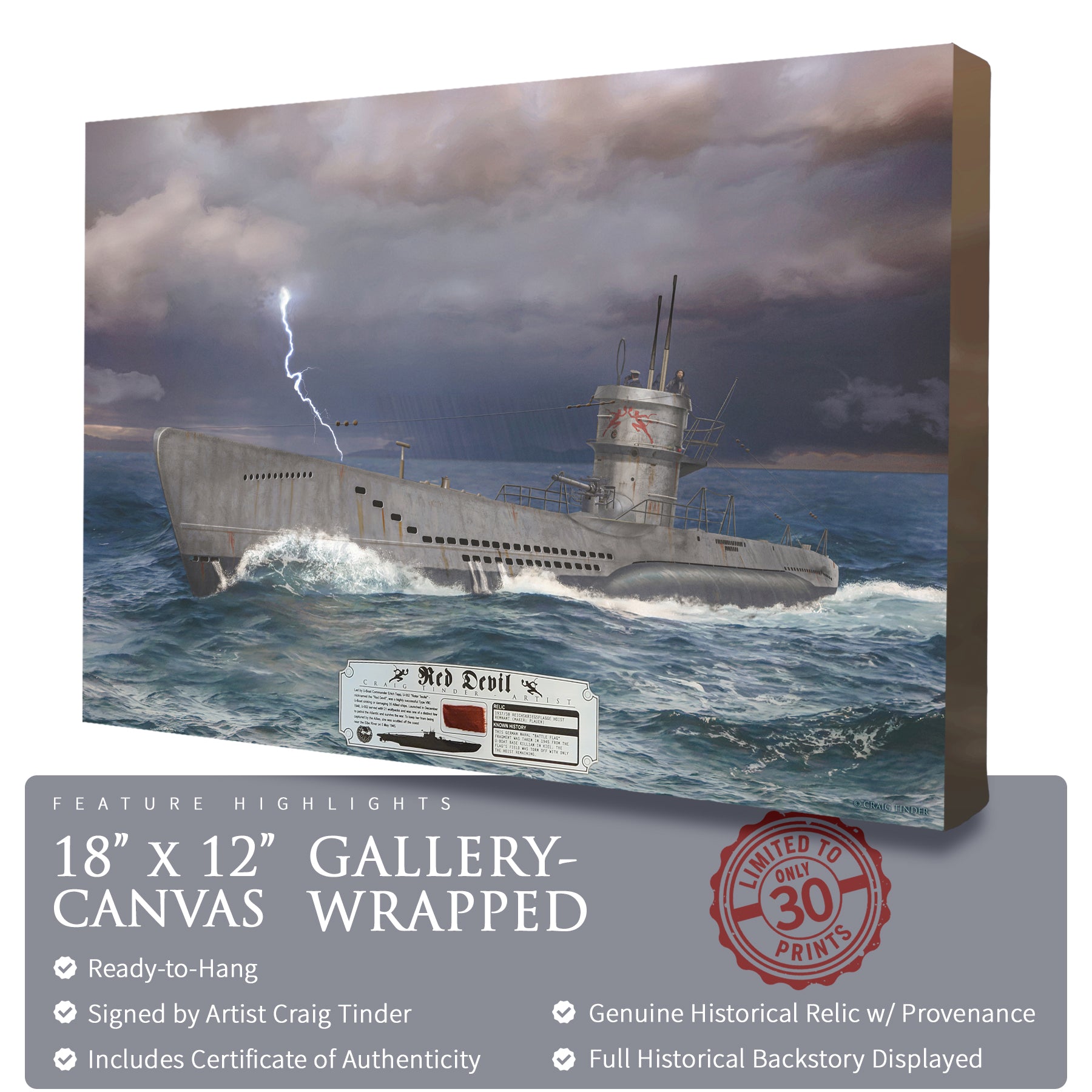 Type VII U-Boat Submarine Red Devil Canvas | INCLUDES: German Battle Flag Piece
