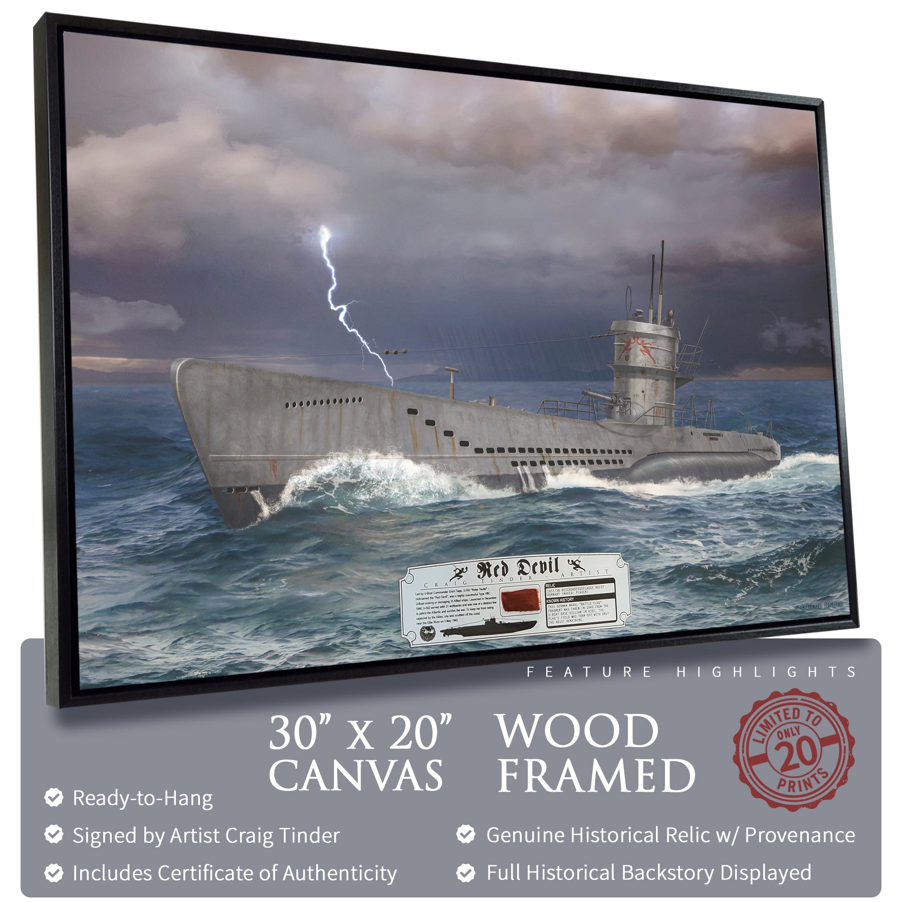 Type VII U-Boat Submarine Red Devil Canvas | INCLUDES: German Battle Flag Piece