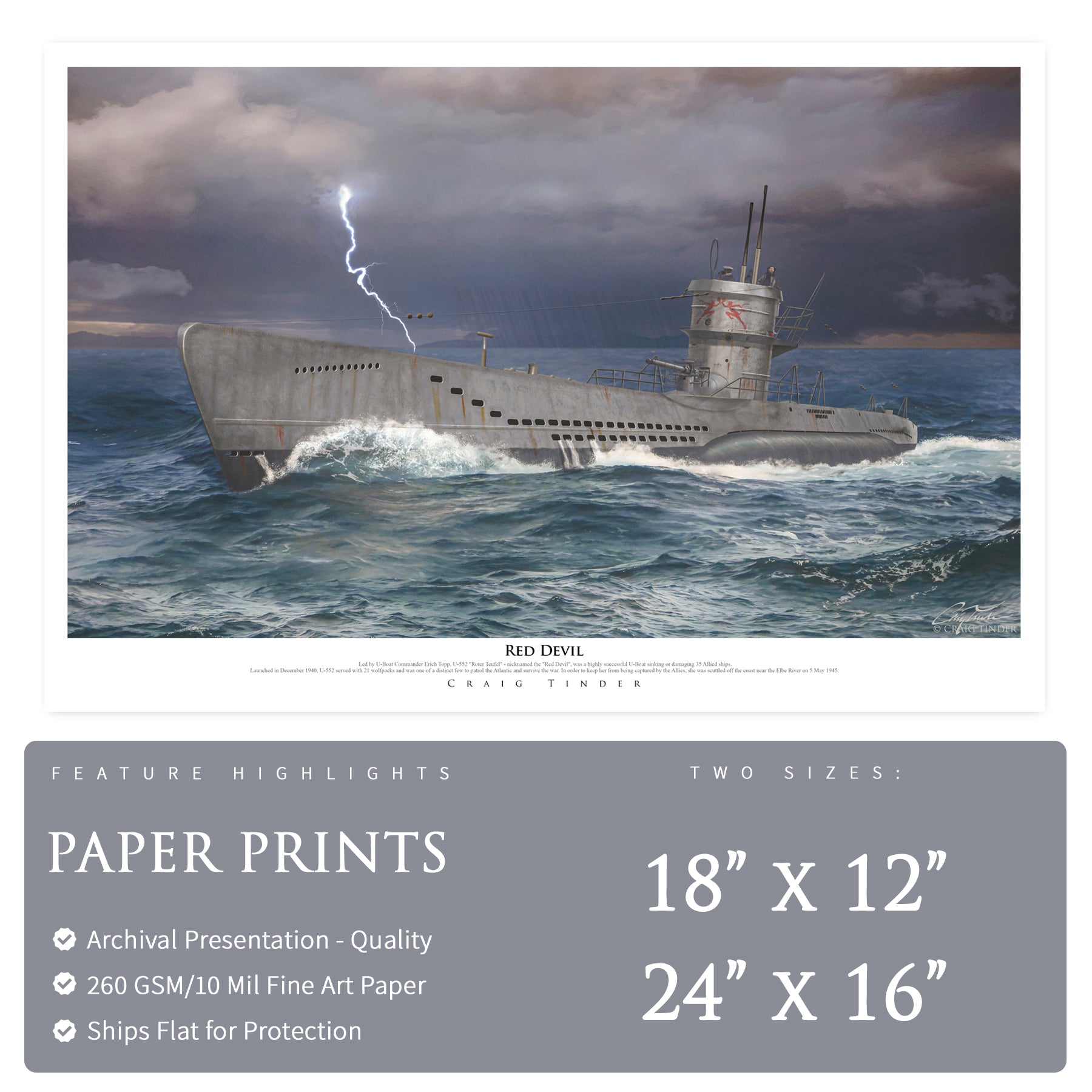 Type VII U-Boat Submarine Red Devil Canvas | INCLUDES: German Battle Flag Piece