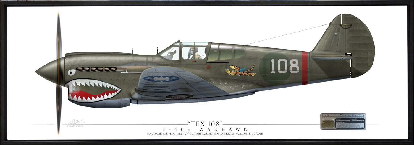 P-40E Warhawk - "Tex" Hill - Framed Panoramic Aviation Art Print - Profile-Art Print-Aces In Action: The Workshop of Artist Craig Tinder