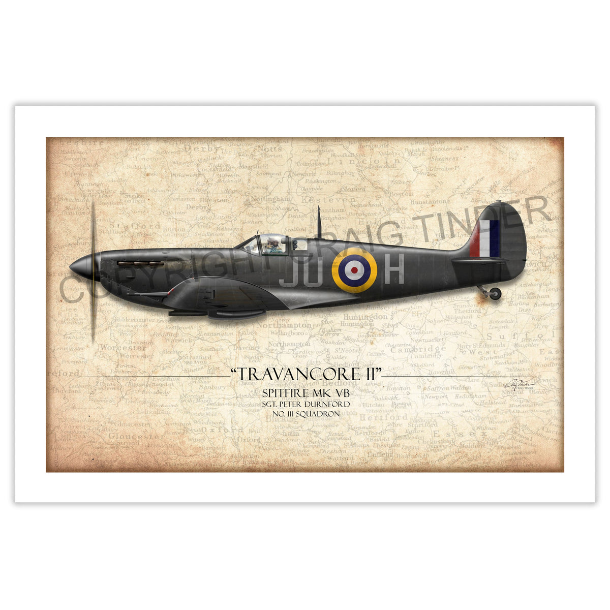 Black Travancore II Spitfire Aviation Art Print - Profile-Art Print-Aces In Action: The Workshop of Artist Craig Tinder