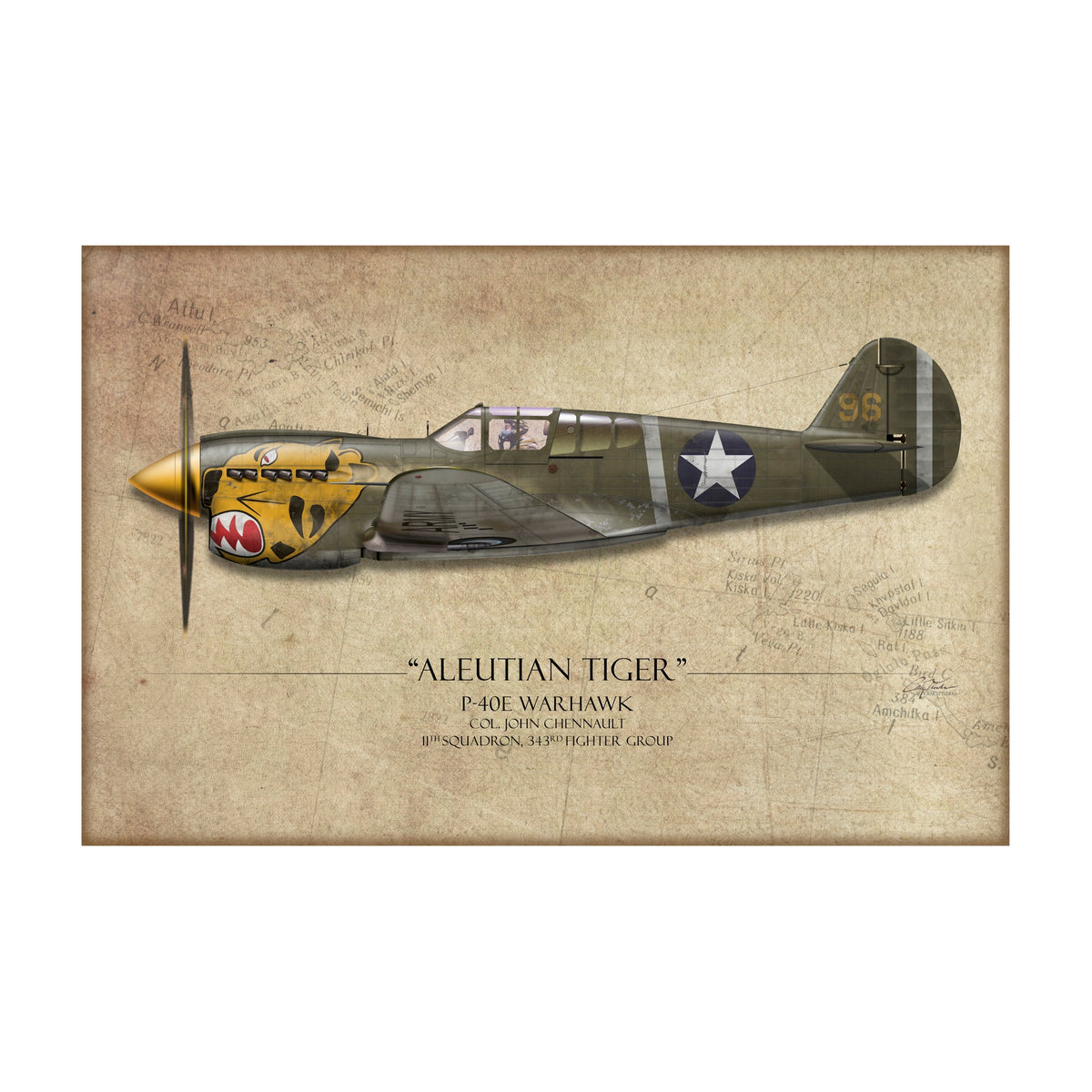 "Aleutian Tiger P-40 Warhawk" - Map Art Print by Craig Tinder - Aces In Action