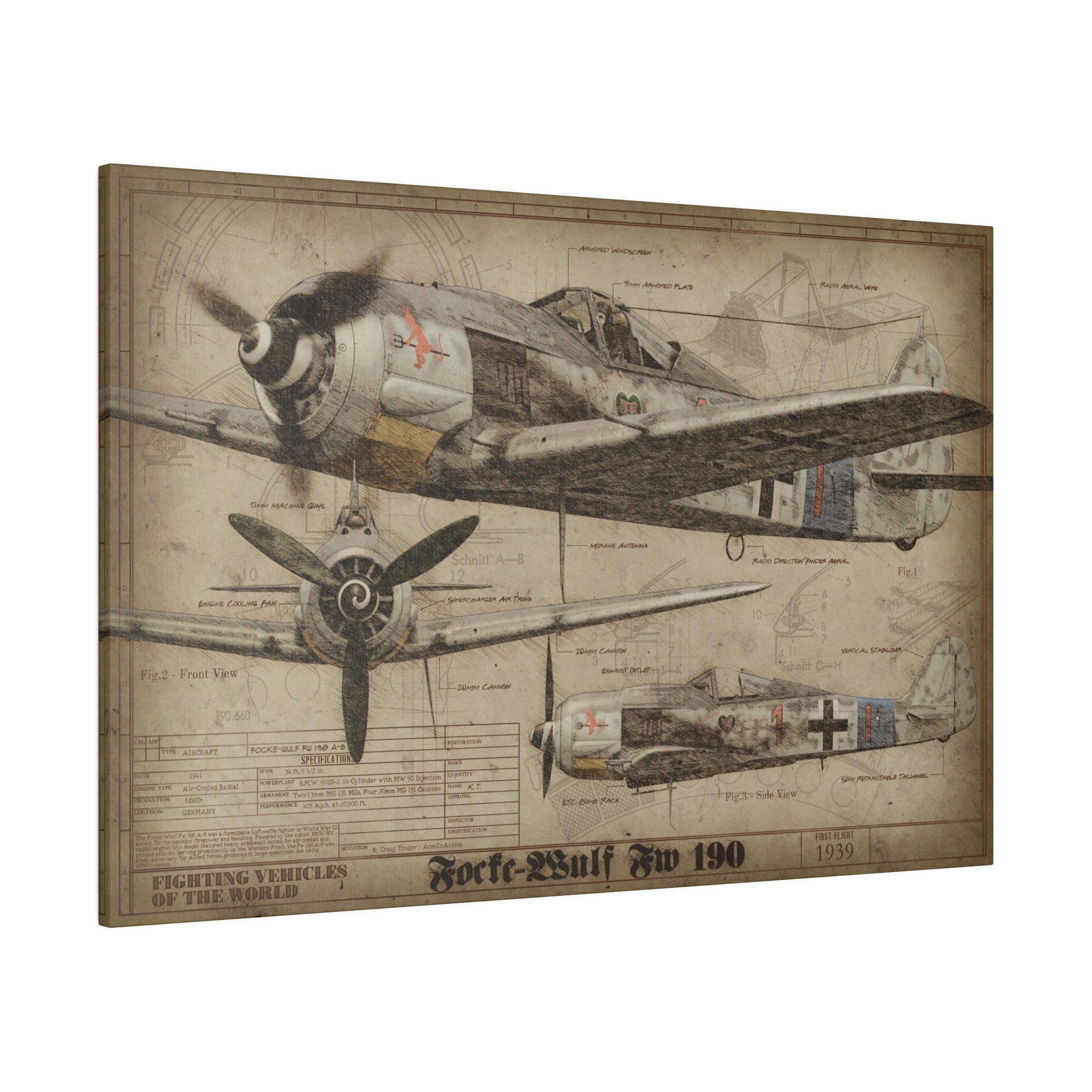 30x20 Focke Wulf Fw 190 Fighting Vehicles of the World Canvas Art