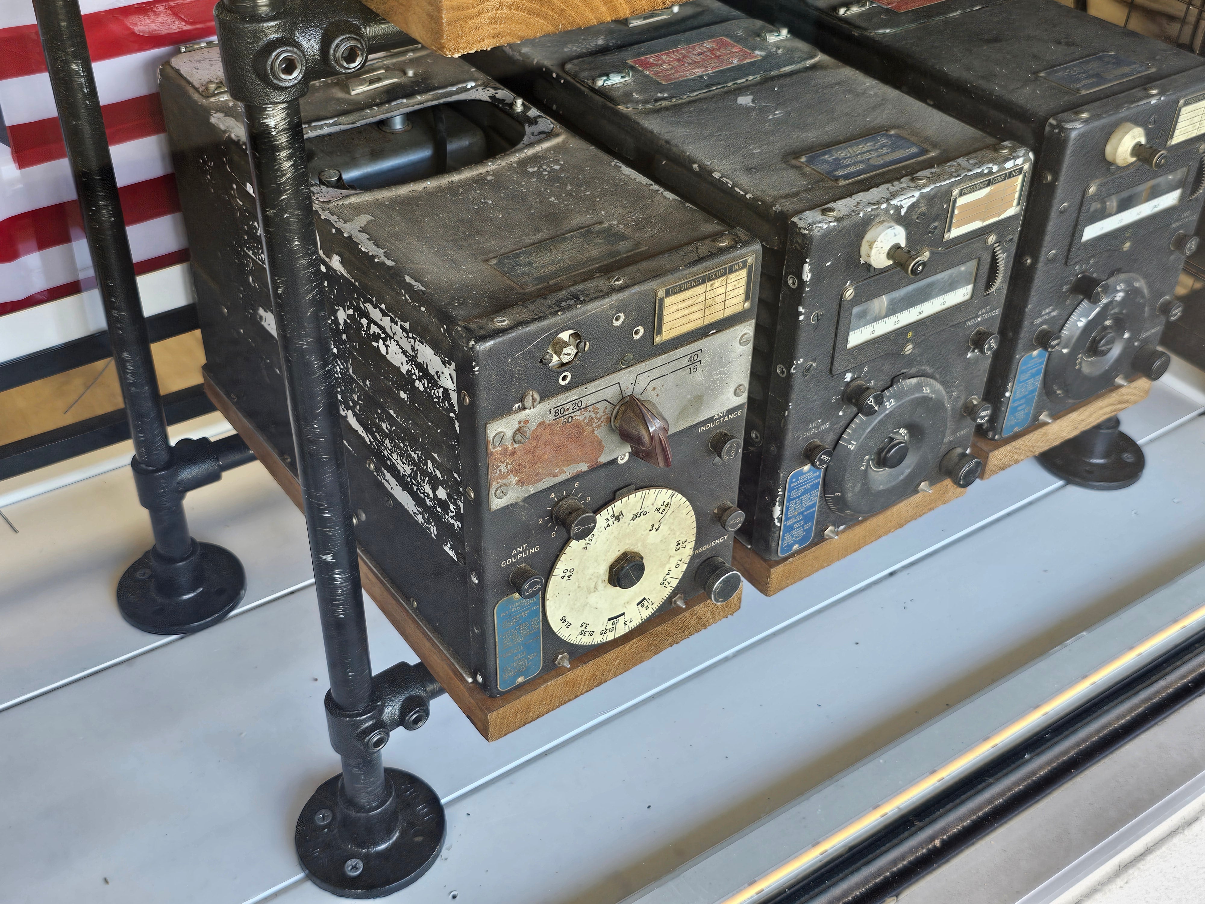 12 ARC-5 Radio Sets with Rustic Metal Shelf Display Rack - Vintage WWII