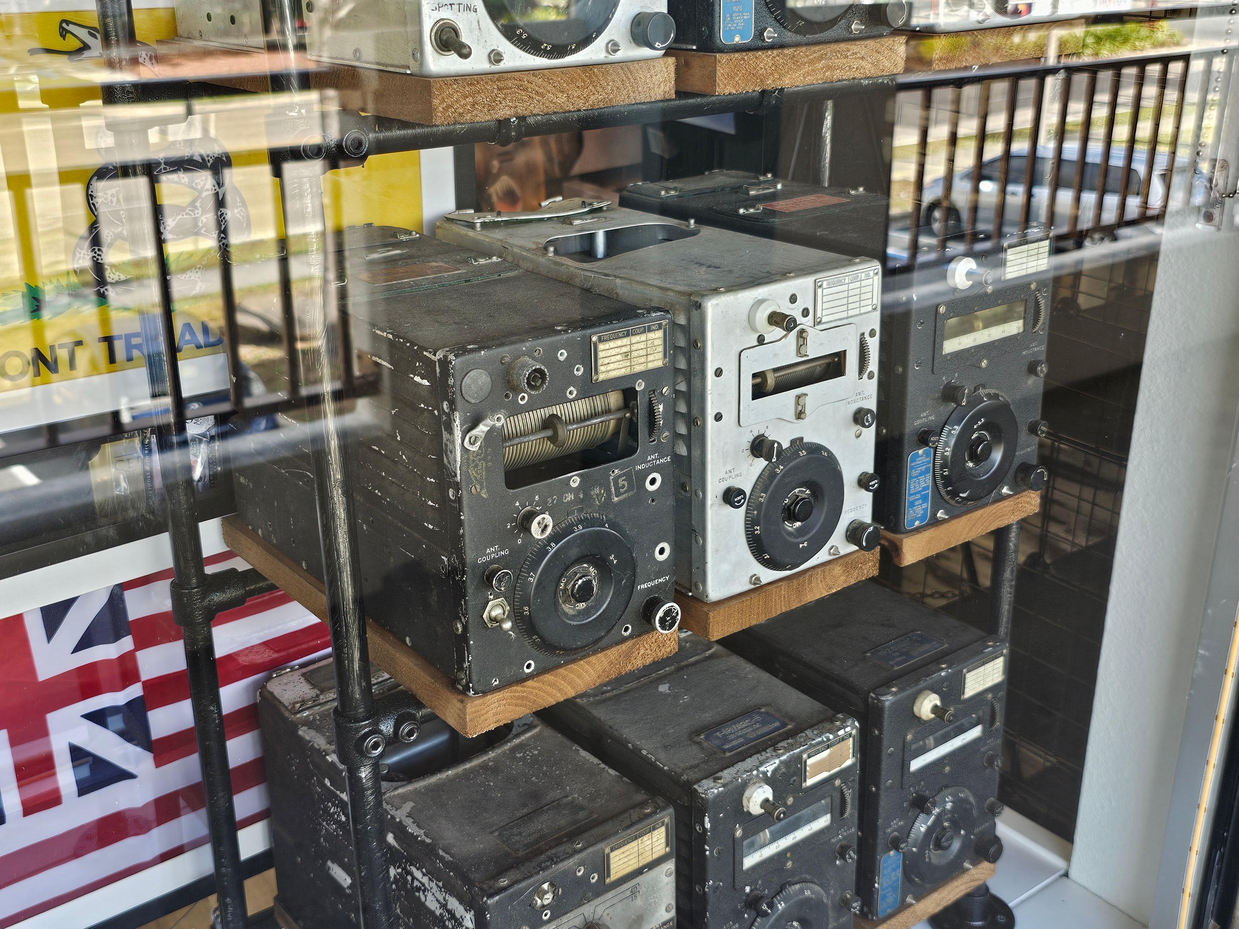 12 ARC-5 Radio Sets with Rustic Metal Shelf Display Rack - Vintage WWII