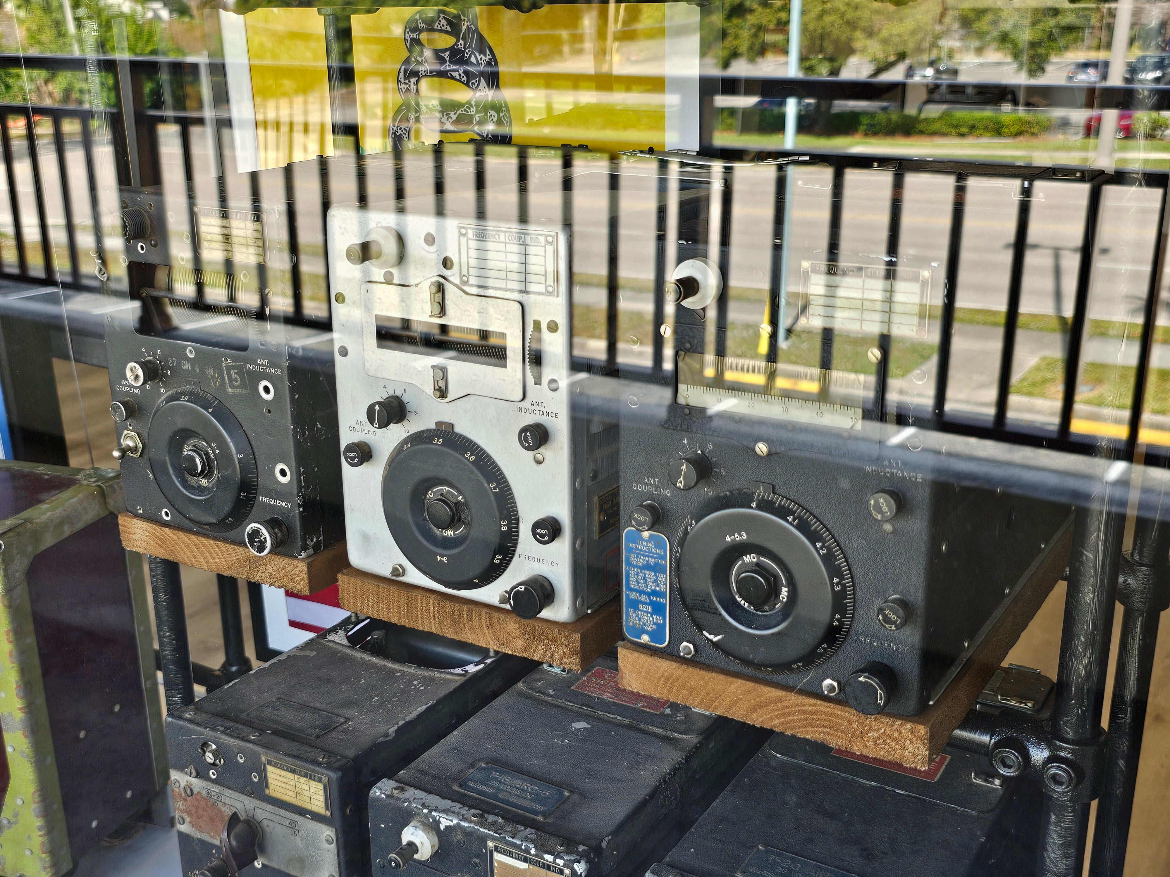 12 ARC-5 Radio Sets with Rustic Metal Shelf Display Rack - Vintage WWII