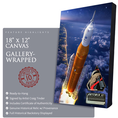 Canvas wrap with a Artemis II rocket launch design and Mission Patch, featuring product details.