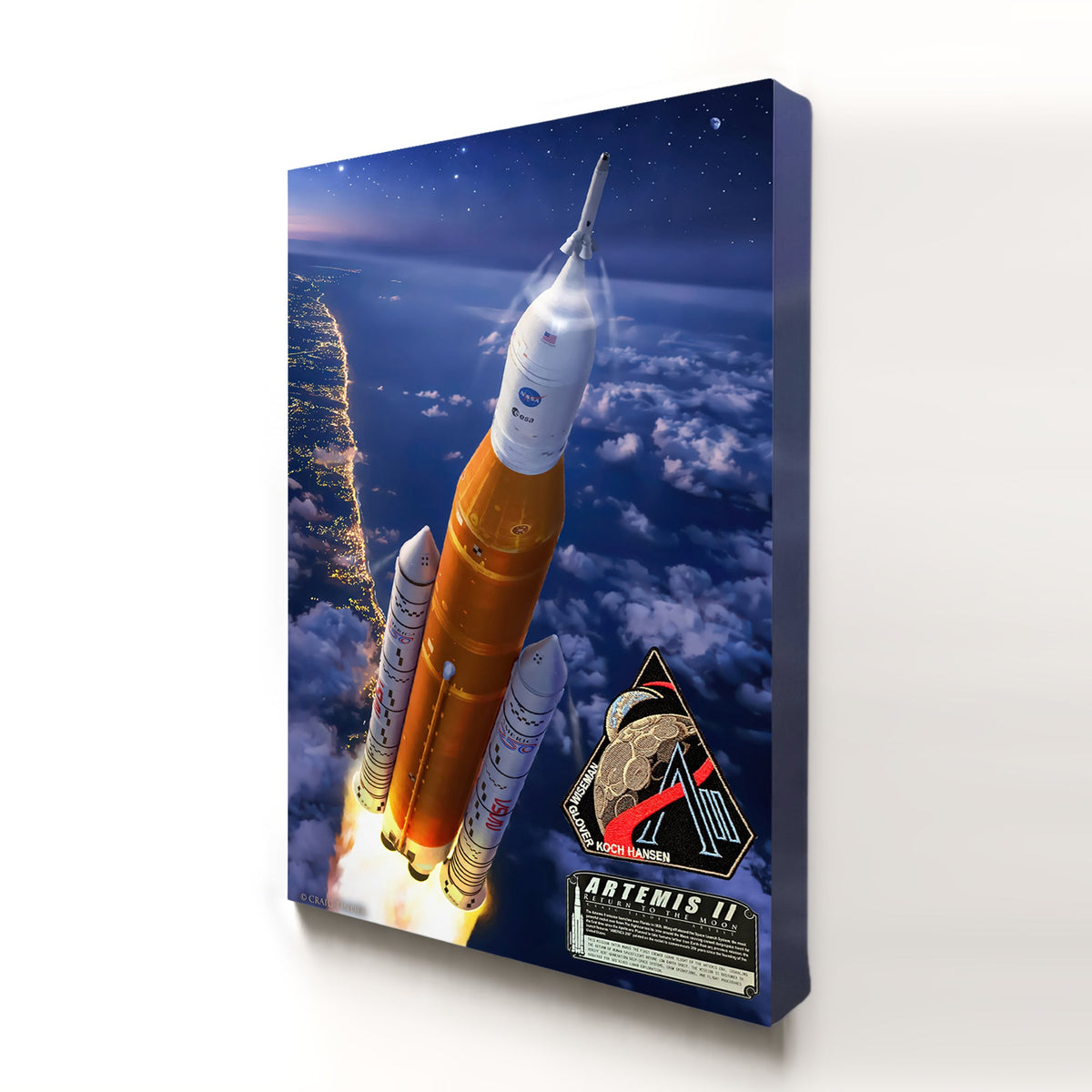 Artemis II canvas artwork with SLS crew mission patch