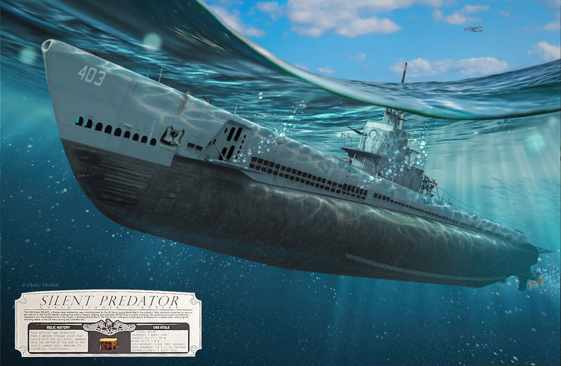 Photo of the "Silent Predator" canvas print of the USS Atule under water.