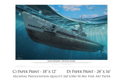 Image of "Silent Predator" USS Atule print with different paper print size options.