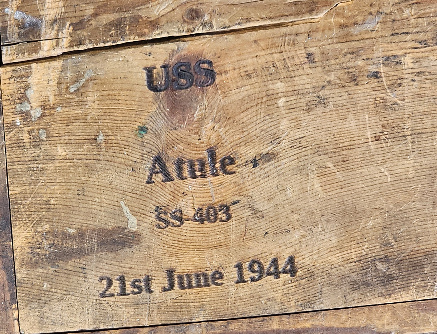 Close up photo of relic showing it's from the USS Atule.