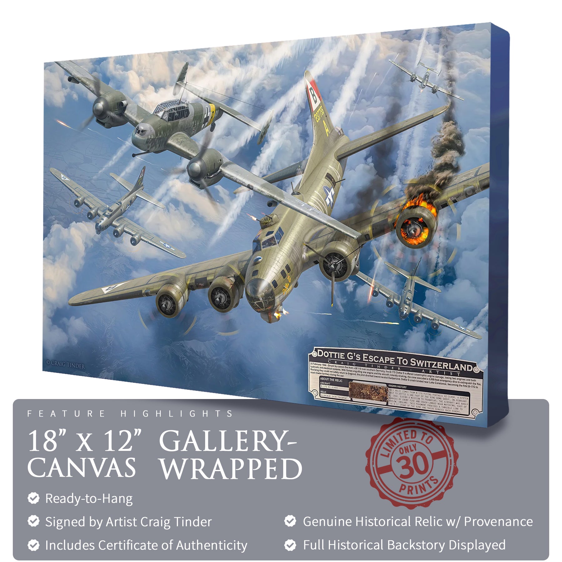 B-17 Flying Fortress - Dottie G's Escape to Switzerland Canvas | INCLUDES: 92nd BG B-17 Relic
