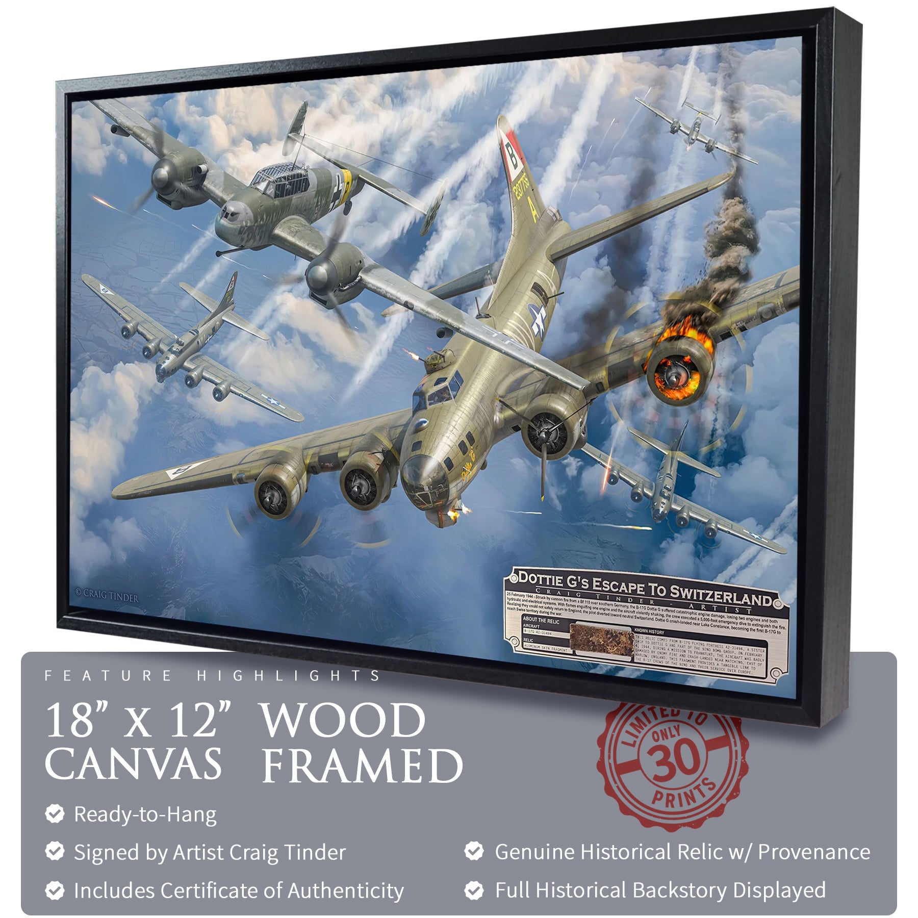 B-17 Flying Fortress - Dottie G's Escape to Switzerland Canvas | INCLUDES: 92nd BG B-17 Relic