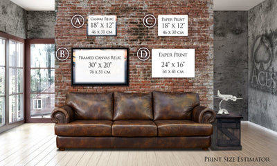 Photo of brick wall showing the different print sizes available.