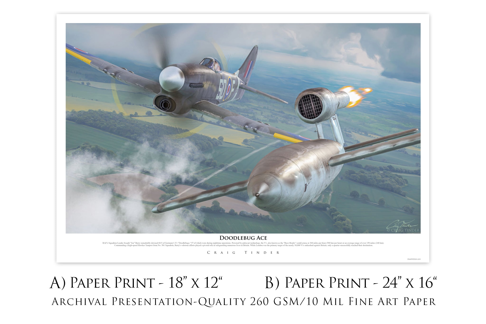 Art print 'Doodlebug Ace' by Tinder, showing RAF Joe Berry's heroics against V1 Rockets