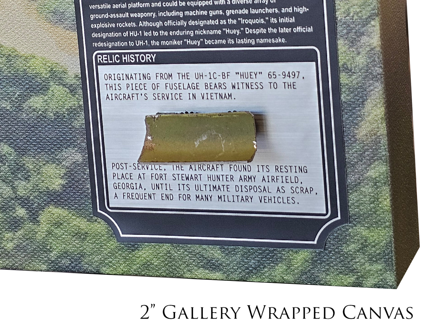 Close up of relic, canvas, and dataplate emphasizing the detail of the relic.