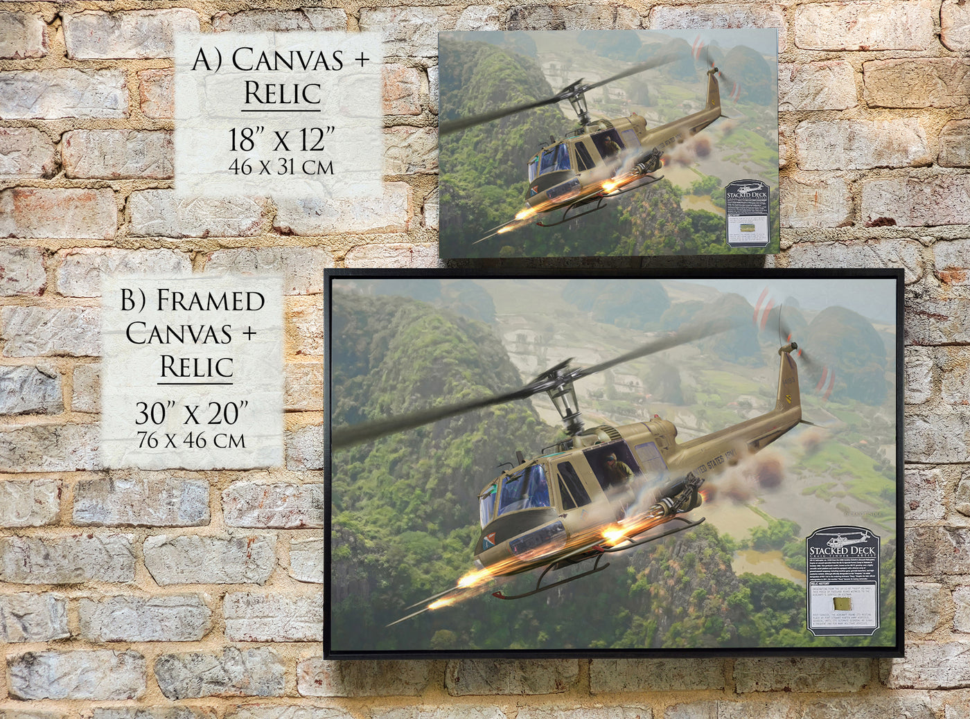 Framed 'Stacked Deck' UH-1C Huey helicopter painting displayed against a neutral background to emphasize the art.