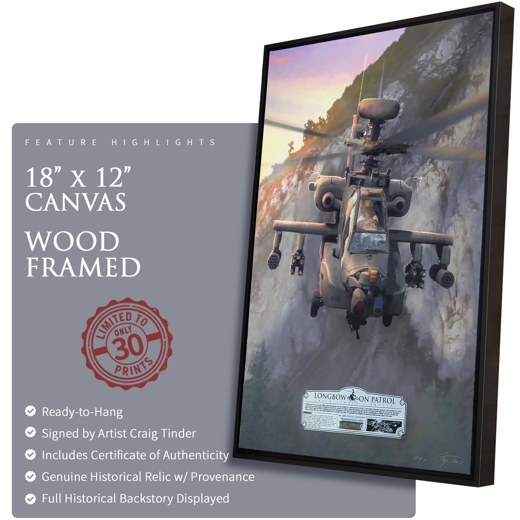Framed artwork of a helicopter with features highlighted on a gray background