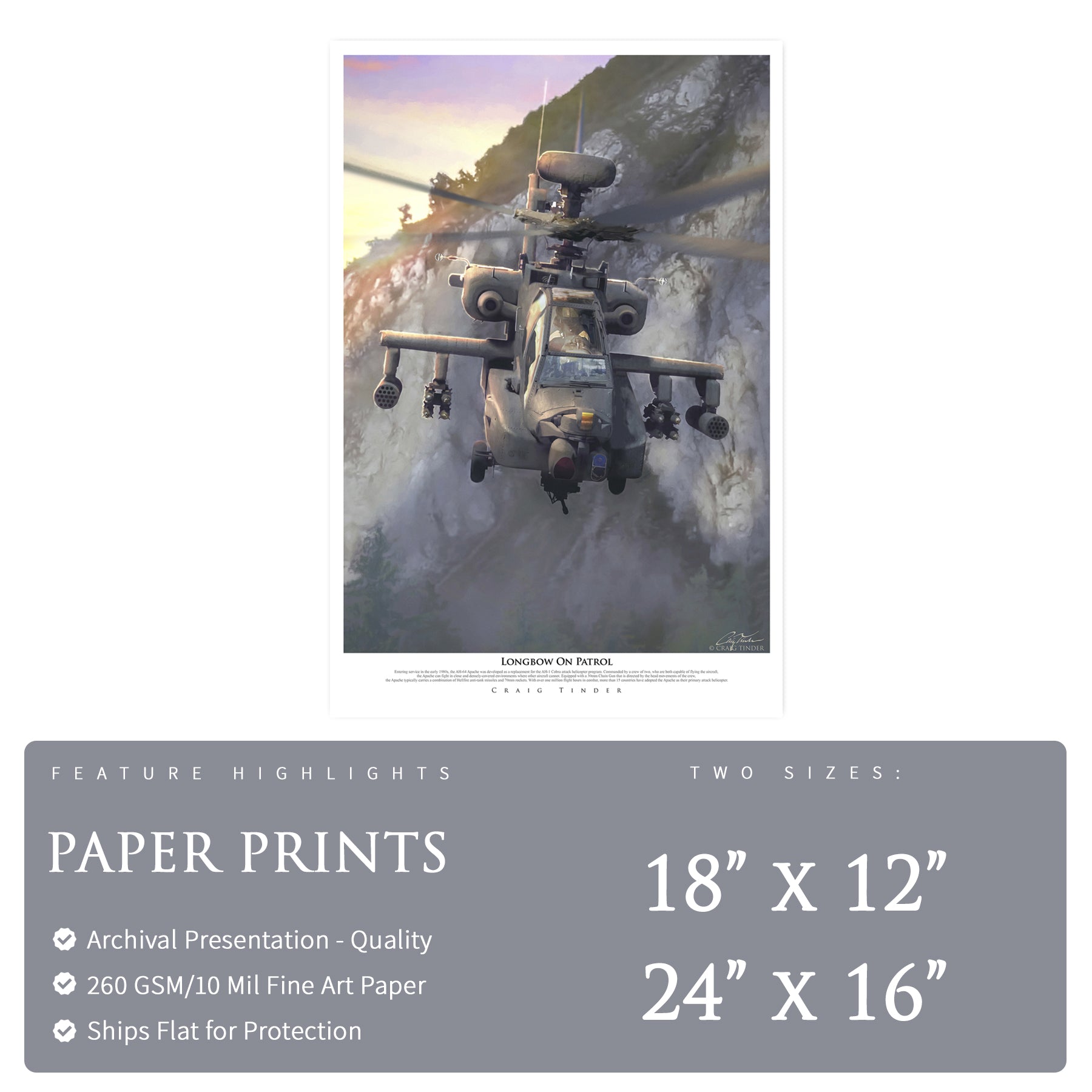Poster of a helicopter flying over a mountain with text about paper prints on a white background.