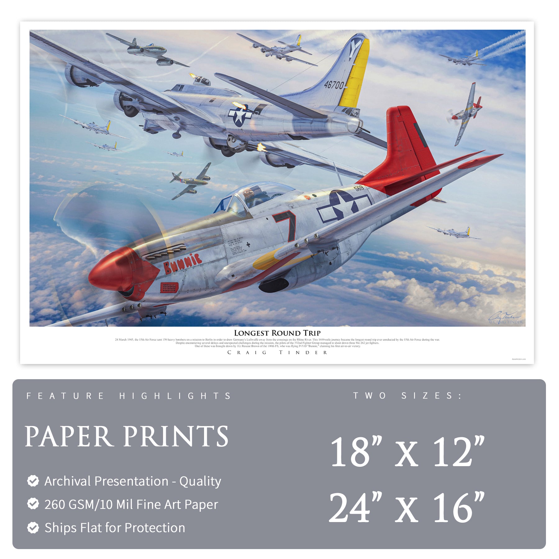P-51 Mustang - Tuskegee Airmen Red Tails Longest Round Trip - Aviation Art