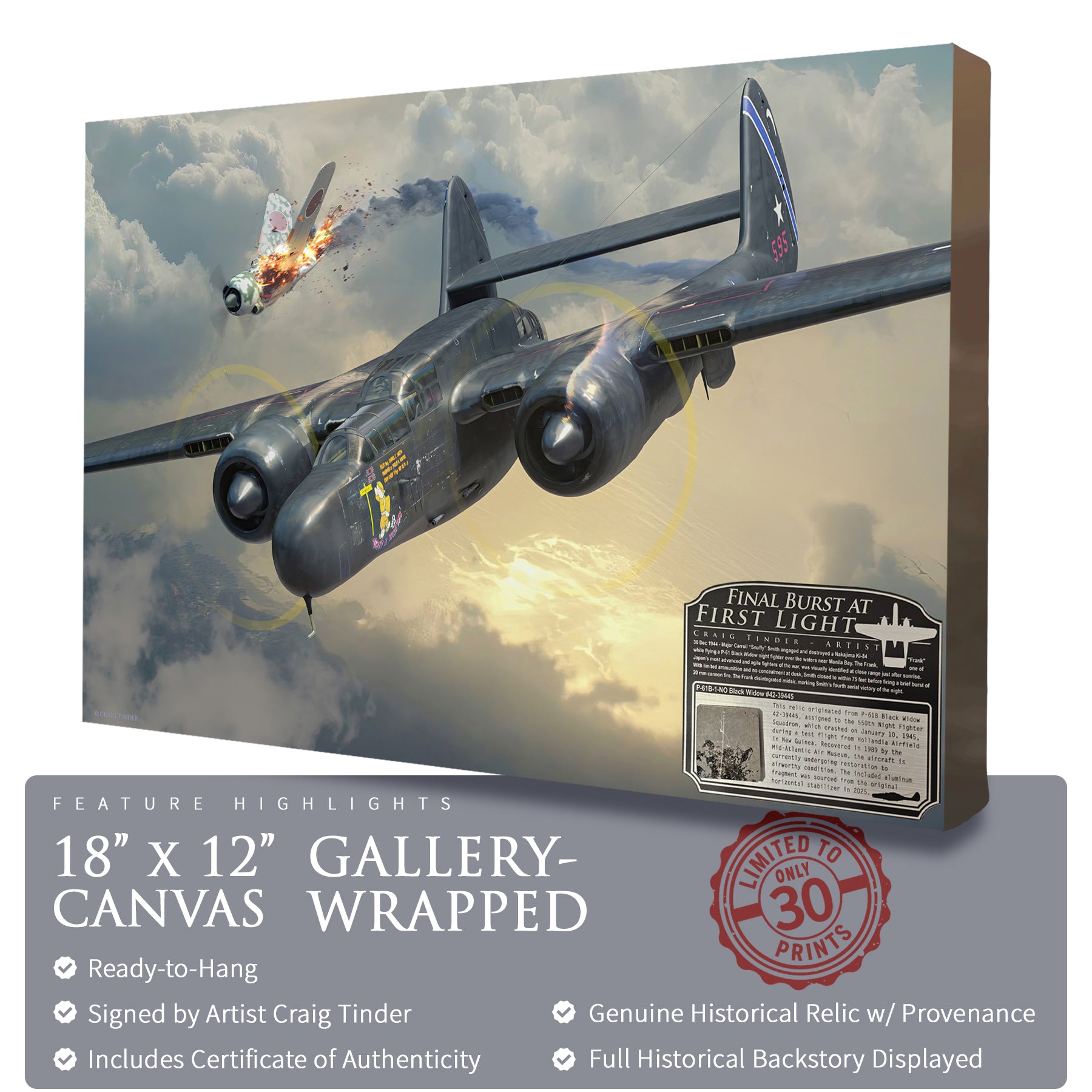 P-61 Black Widow - Final Burst At First Light Canvas | INCLUDES: P-61B Aluminum Relic