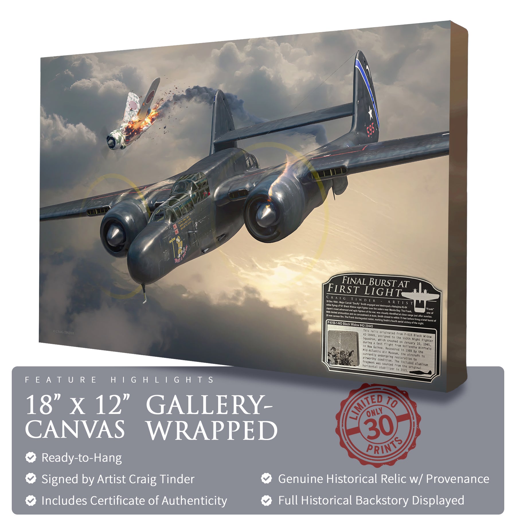 P-61 Black Widow - Final Burst At First Light Canvas | INCLUDES: P-61B Aluminum Relic