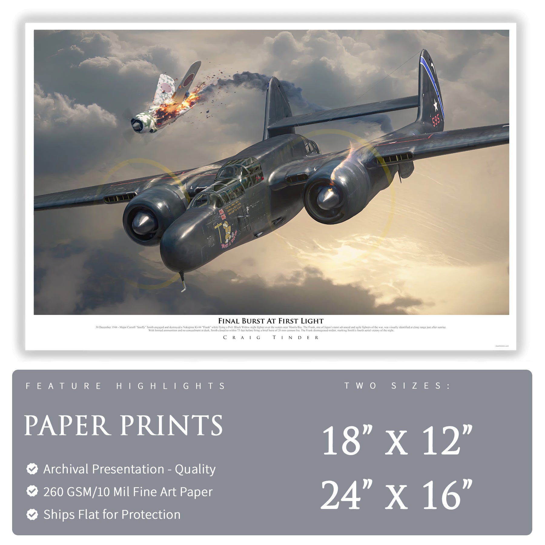 P-61 Black Widow - Final Burst At First Light Canvas | INCLUDES: P-61B Aluminum Relic