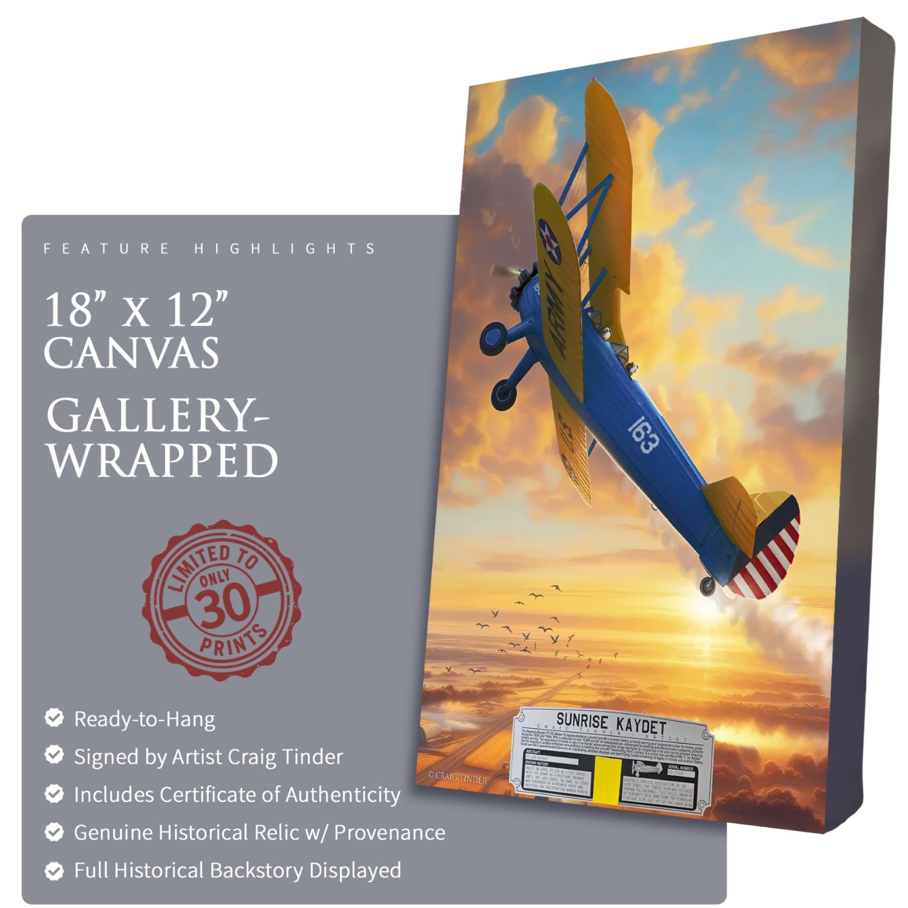 Stearman PT-13 - Sunrise Kaydet Canvas | INCLUDES: Aircraft Skin Fragment