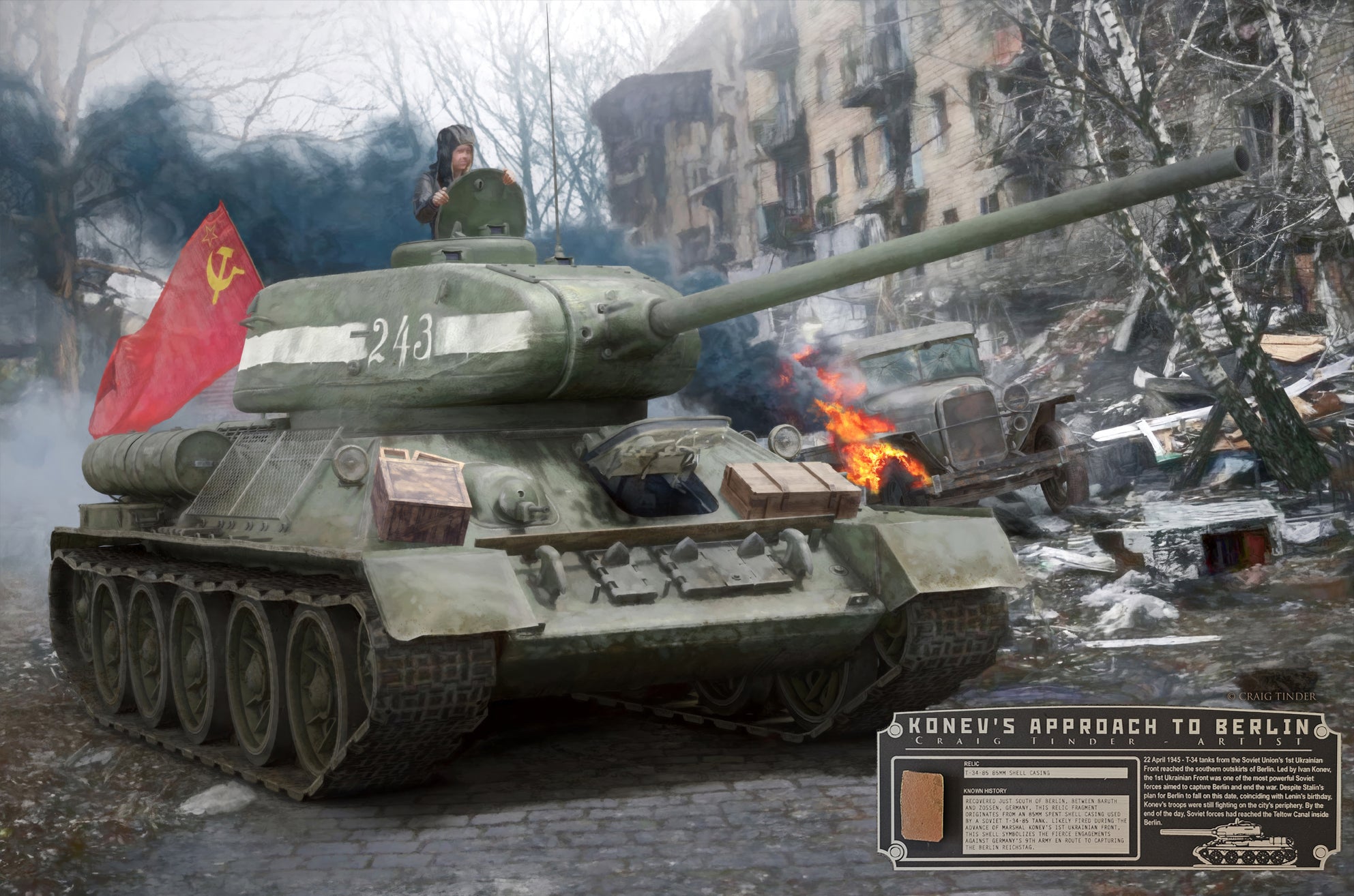 Konev's Approach to Berlin - T-34-85 Soviet Tank Canvas | INCLUDES: Brass Shell Casing