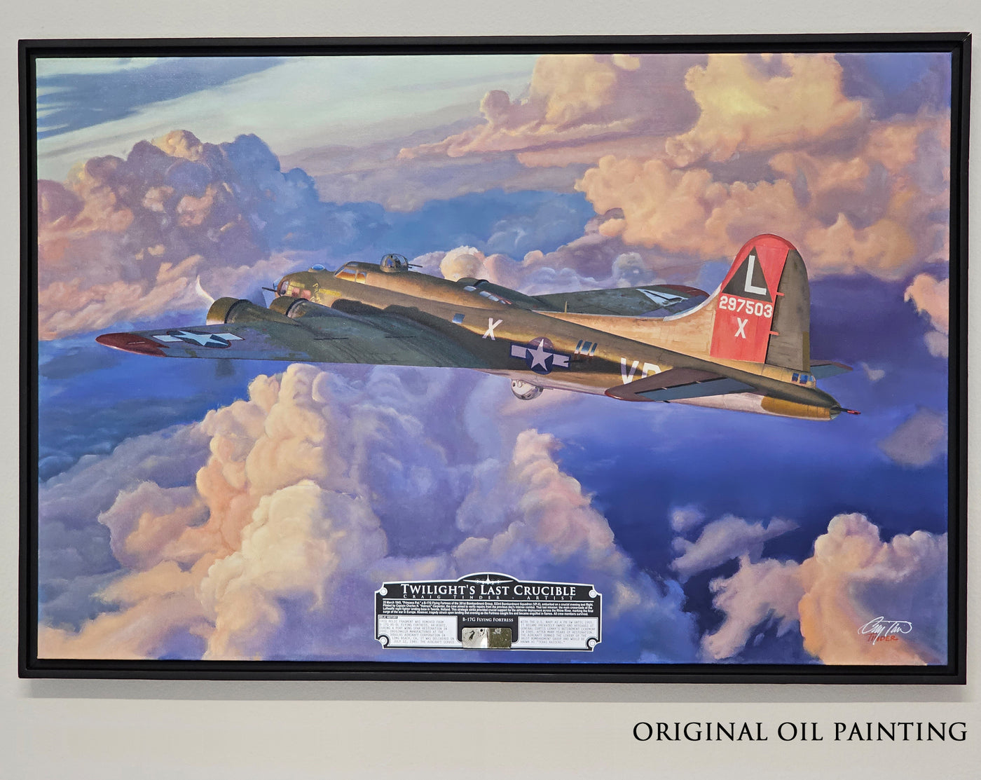 Original oil painting of Art print "Twilight's Last Crucible" by Artist Craig Tinder, showing a B-17 flying through the clouds at sunset.