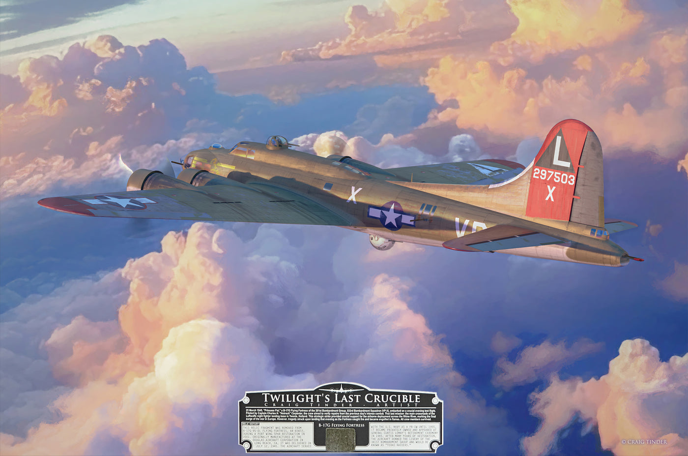 Art print "Twilight's Last Crucible" by Artist Craig Tinder, showing a B-17 flying through the clouds at sunset.