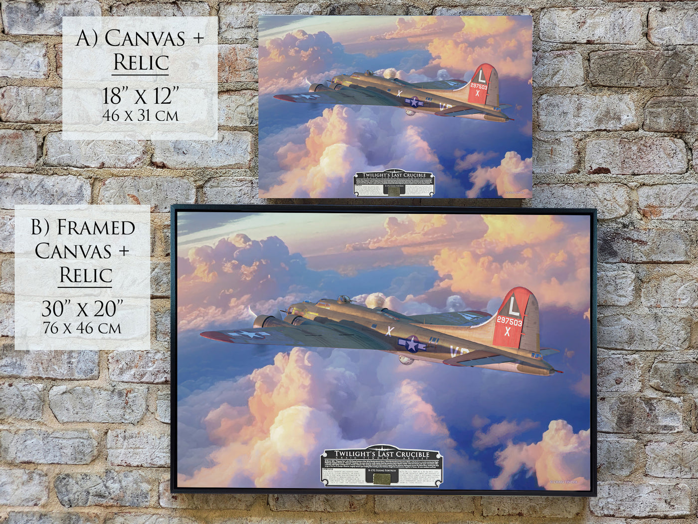 Art print "Twilight's Last Crucible" by Artist Craig Tinder, showing a B-17 flying through the clouds at sunset. Available in 2 canvas sizes.