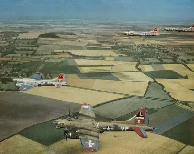 B-17's flying over farmland.