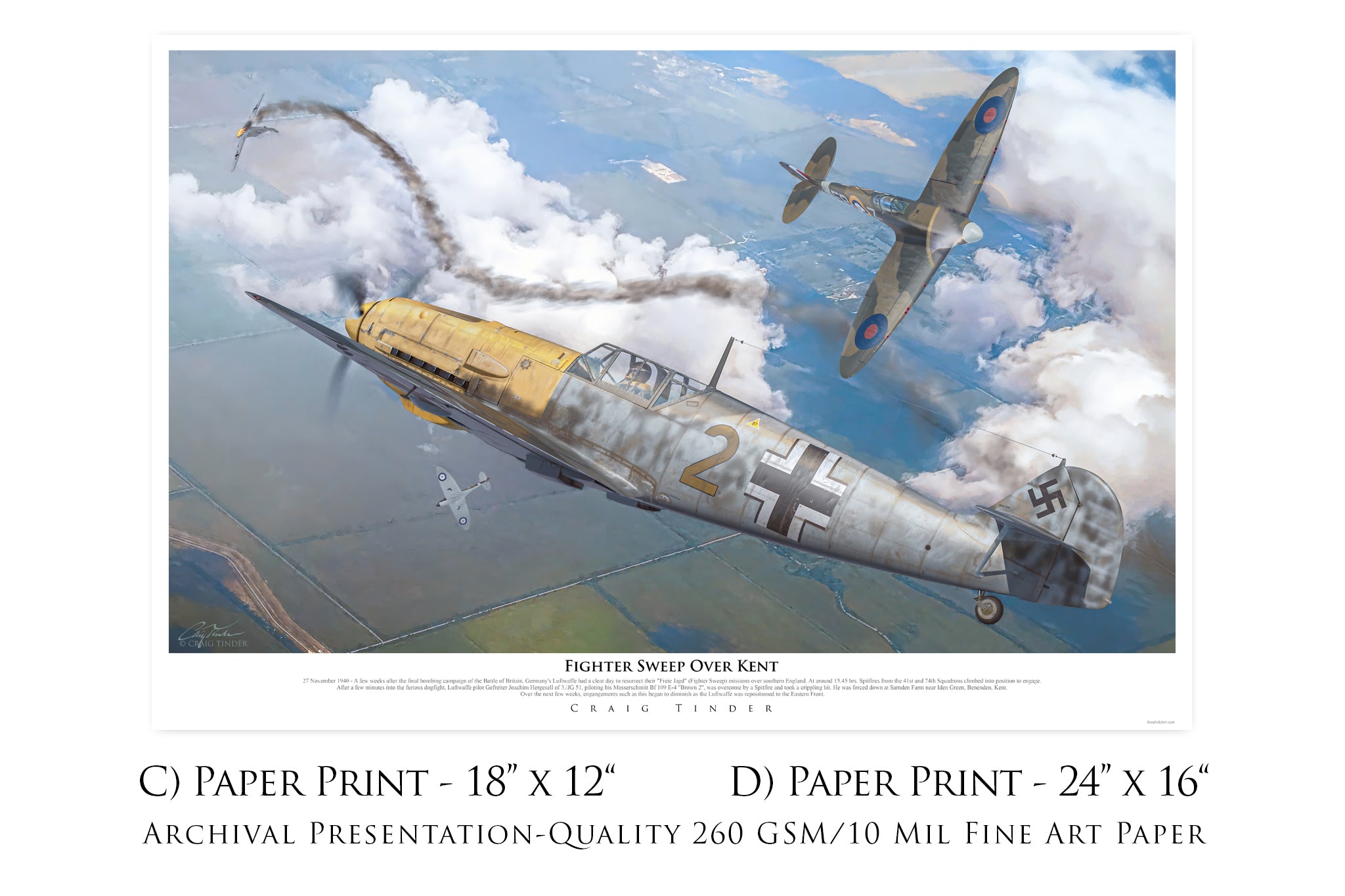 Fighter Sweep Over Kent - Messerschmitt Bf 109 E-4 Aviation Art-Art Print-Aces In Action: The Workshop of Artist Craig Tinder