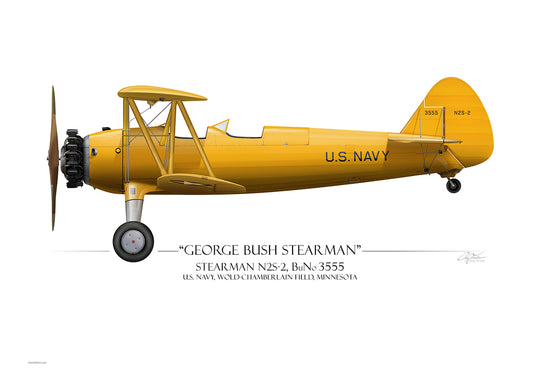 George Bush Stearman N2S-2 Aviation Art Print - Profile-Art Print-Aces In Action: The Workshop of Artist Craig Tinder