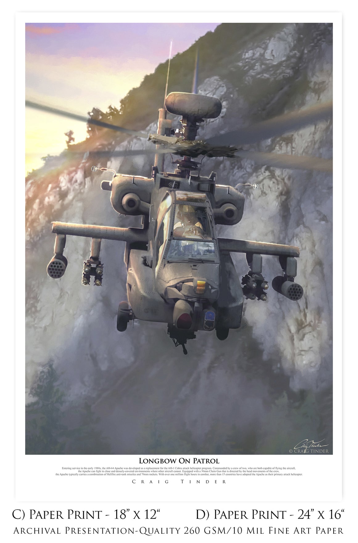 Apache Longbow On Patrol - AH-64 Apache Longbow Aviation Art-Art Print-Aces In Action: The Workshop of Artist Craig Tinder