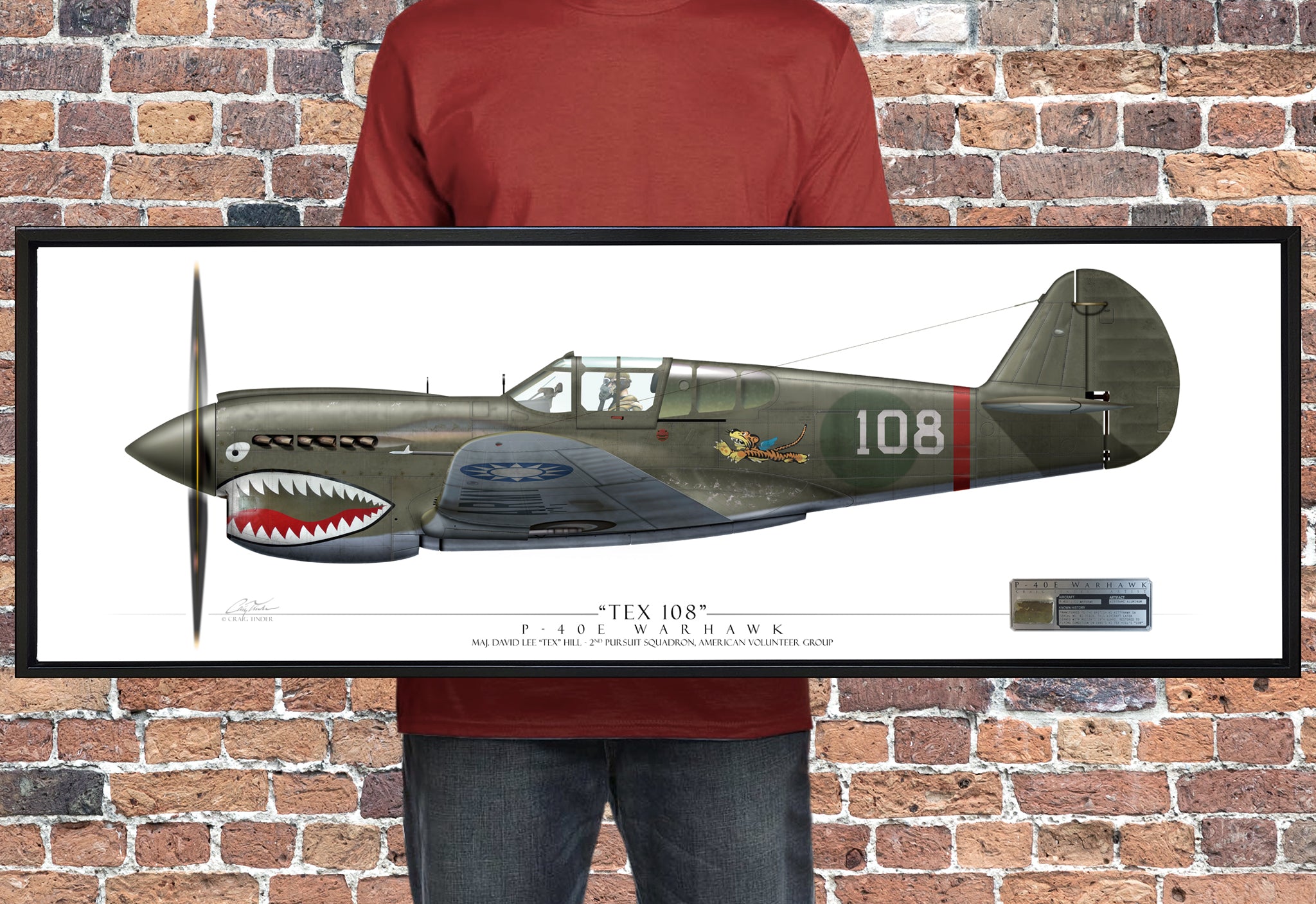 P-40E Warhawk - "Tex" Hill - Framed Panoramic Aviation Art Print - Profile-Art Print-Aces In Action: The Workshop of Artist Craig Tinder