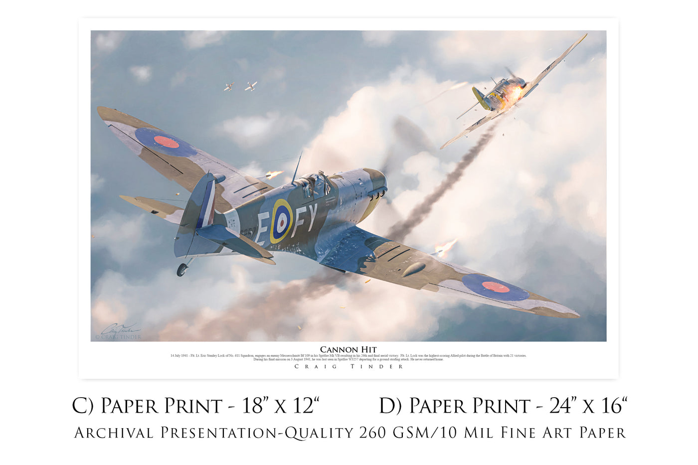 Cannon Hit Spitfire - Spitfire Aviation Art-Art Print-Aces In Action: The Workshop of Artist Craig Tinder