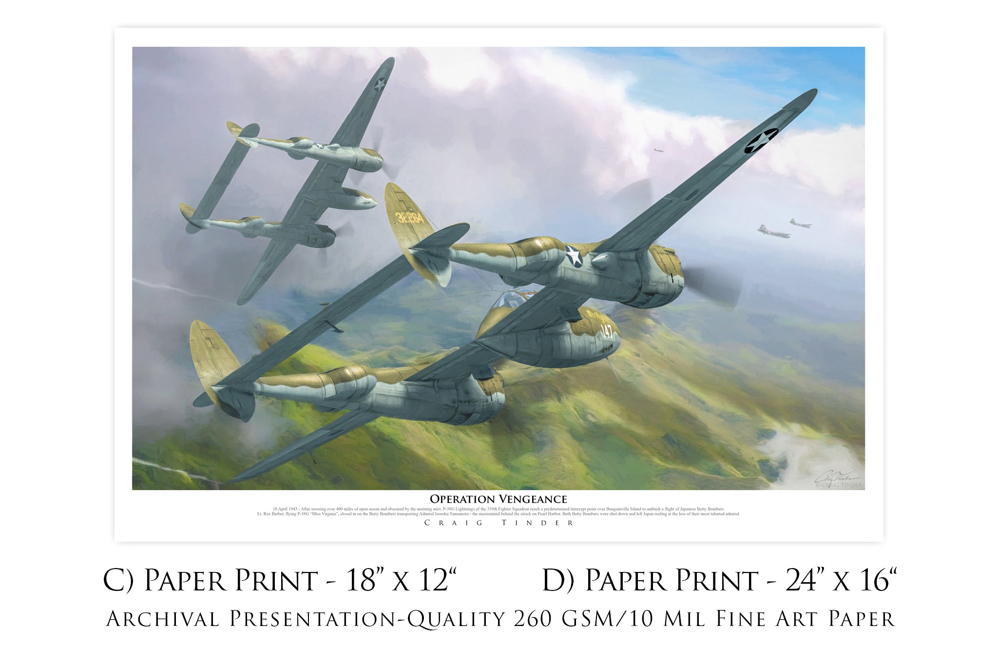 Operation Vengeance - P-38 Lightning Aviation Art-Art Print-Aces In Action: The Workshop of Artist Craig Tinder